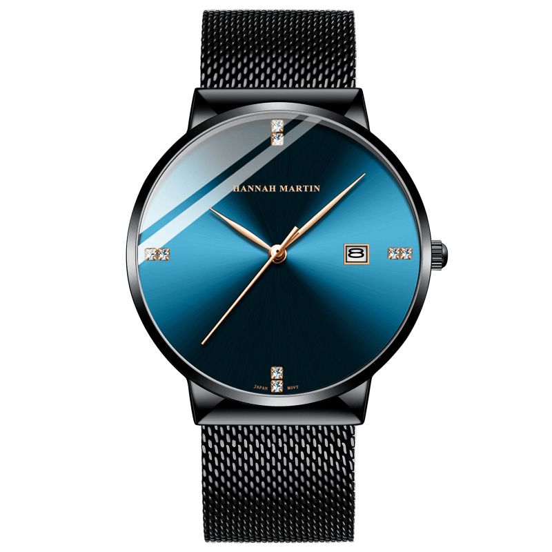 Hannah Martin Hm901 Business Casual Diamond Rustfrit Stål Mesh-Rem Datovisning Vandtæt Herrearmbåndsur Quartz Ure