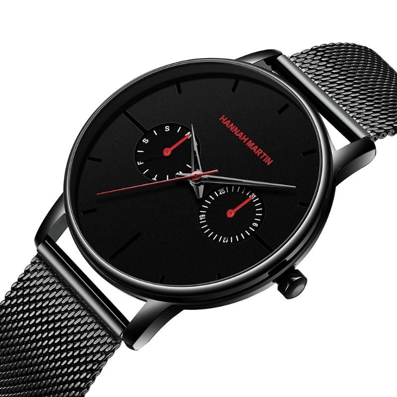 Hannah Martin Mode Casual Med Kalender Dual Dial Steel Mesh / Pu Læderrem 3Atm Vandtæt Mænd Kvartsur