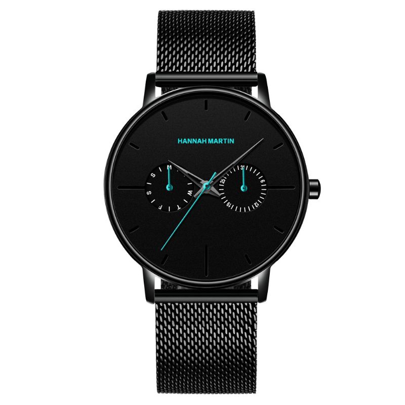 Hannah Martin Mode Casual Med Kalender Dual Dial Steel Mesh / Pu Læderrem 3Atm Vandtæt Mænd Kvartsur