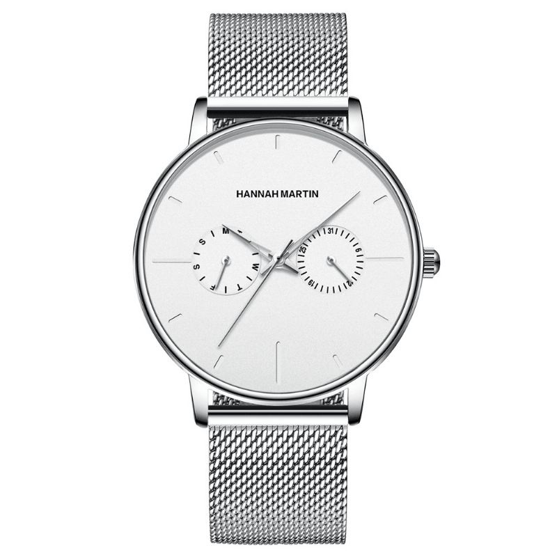 Hannah Martin Mode Casual Med Kalender Dual Dial Steel Mesh / Pu Læderrem 3Atm Vandtæt Mænd Kvartsur