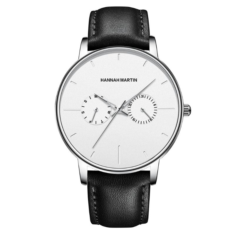 Hannah Martin Mode Casual Med Kalender Dual Dial Steel Mesh / Pu Læderrem 3Atm Vandtæt Mænd Kvartsur