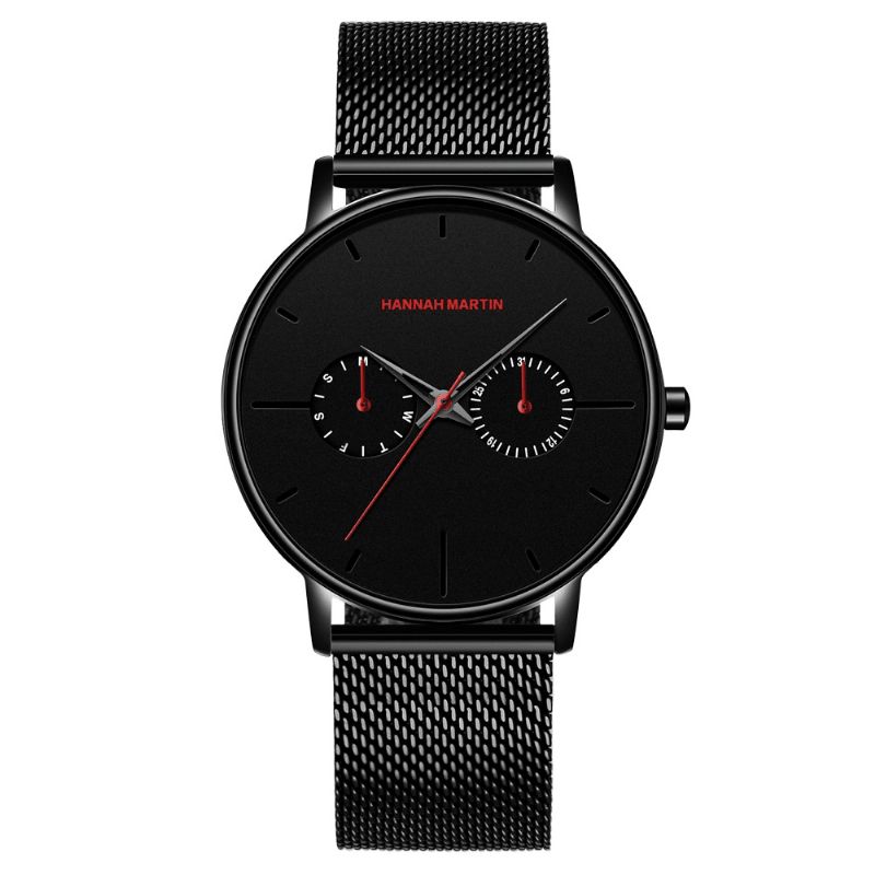 Hannah Martin Mode Casual Med Kalender Dual Dial Steel Mesh / Pu Læderrem 3Atm Vandtæt Mænd Kvartsur