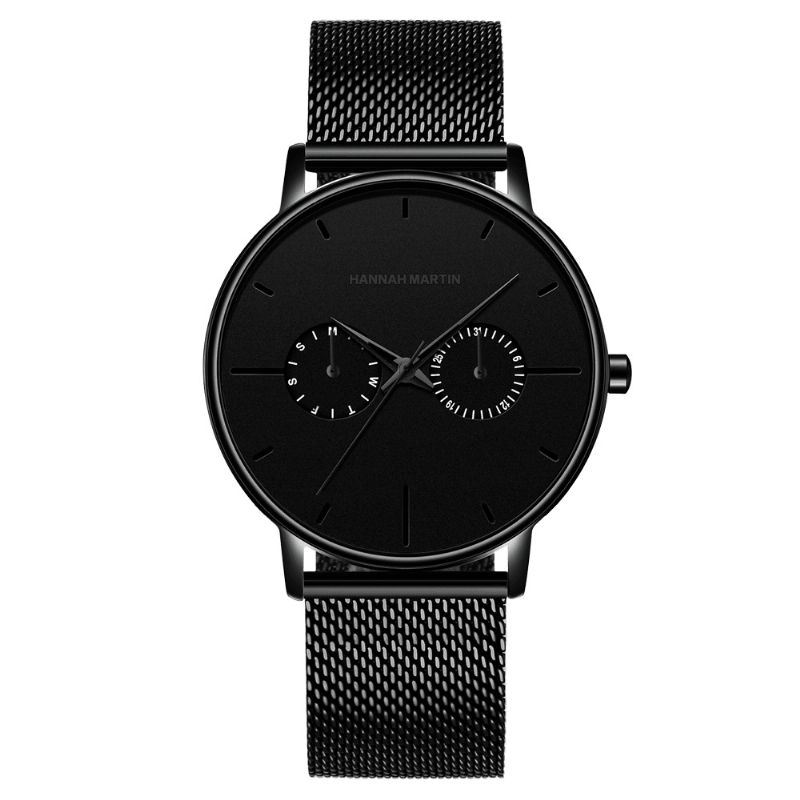 Hannah Martin Mode Casual Med Kalender Dual Dial Steel Mesh / Pu Læderrem 3Atm Vandtæt Mænd Kvartsur