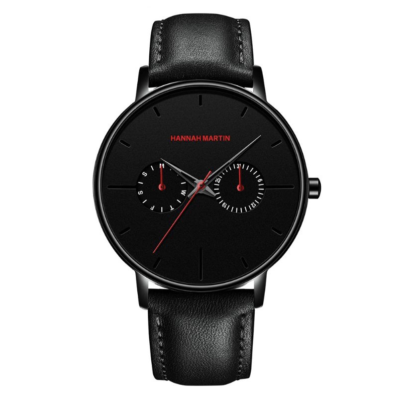 Hannah Martin Mode Casual Med Kalender Dual Dial Steel Mesh / Pu Læderrem 3Atm Vandtæt Mænd Kvartsur