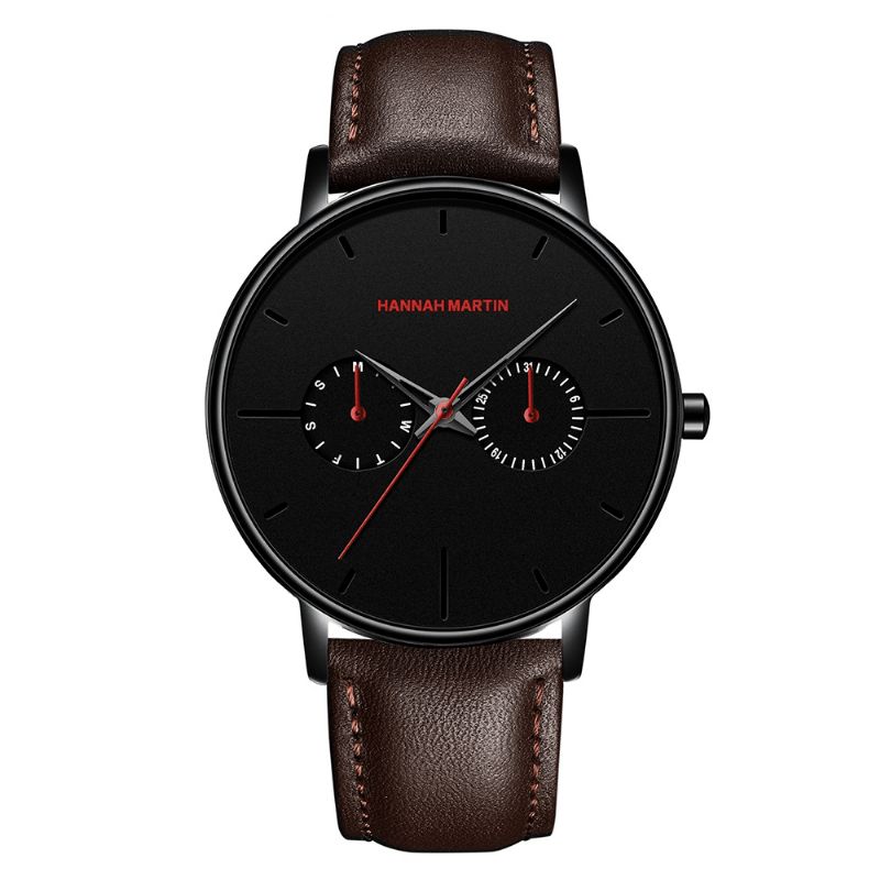 Hannah Martin Mode Casual Med Kalender Dual Dial Steel Mesh / Pu Læderrem 3Atm Vandtæt Mænd Kvartsur