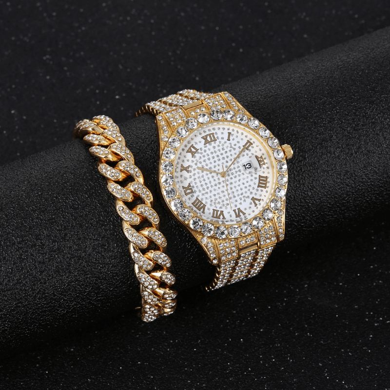 Legering Hip Hop Luksus 2 Stk Hip-Hop Chain Fuld Diamond Watch Armbånd Lady Quartz ur