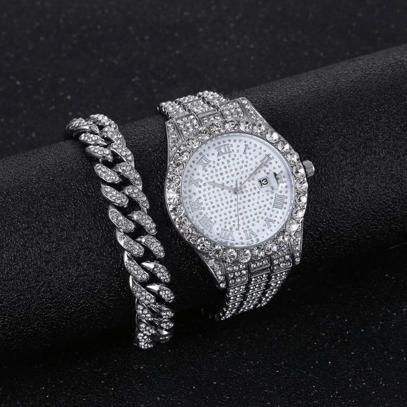 Legering Hip Hop Luksus 2 Stk Hip-Hop Chain Fuld Diamond Watch Armbånd Lady Quartz ur