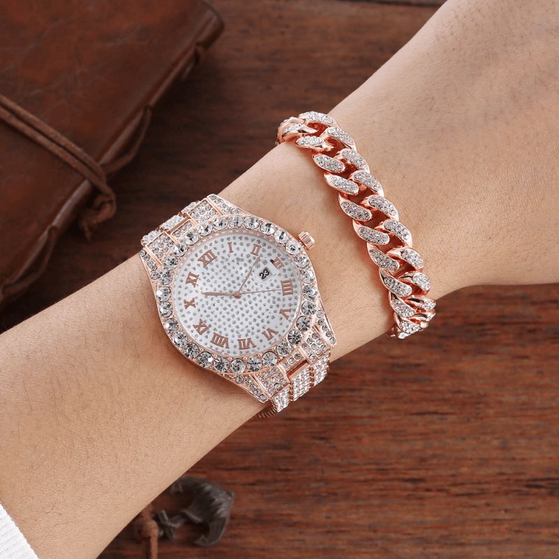 Legering Hip Hop Luksus 2 Stk Hip-Hop Chain Fuld Diamond Watch Armbånd Lady Quartz ur