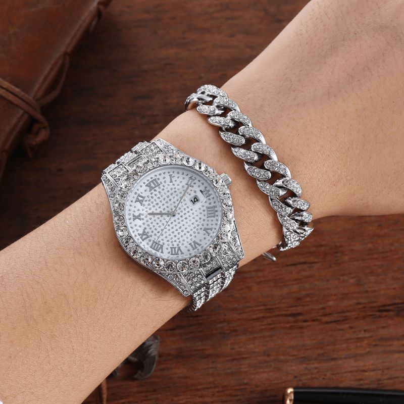 Legering Hip Hop Luksus 2 Stk Hip-Hop Chain Fuld Diamond Watch Armbånd Lady Quartz ur