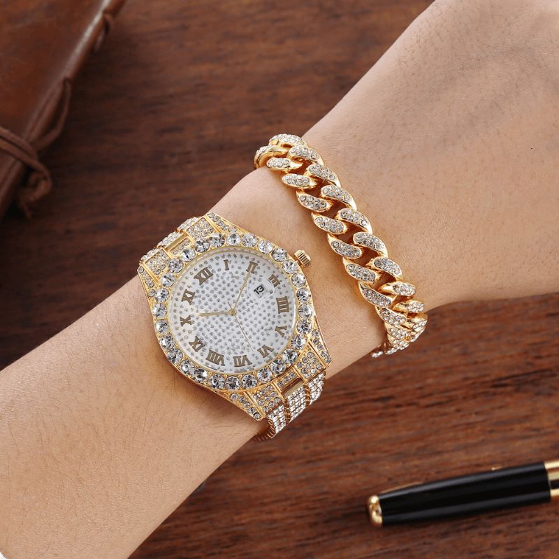 Legering Hip Hop Luksus 2 Stk Hip-Hop Chain Fuld Diamond Watch Armbånd Lady Quartz ur