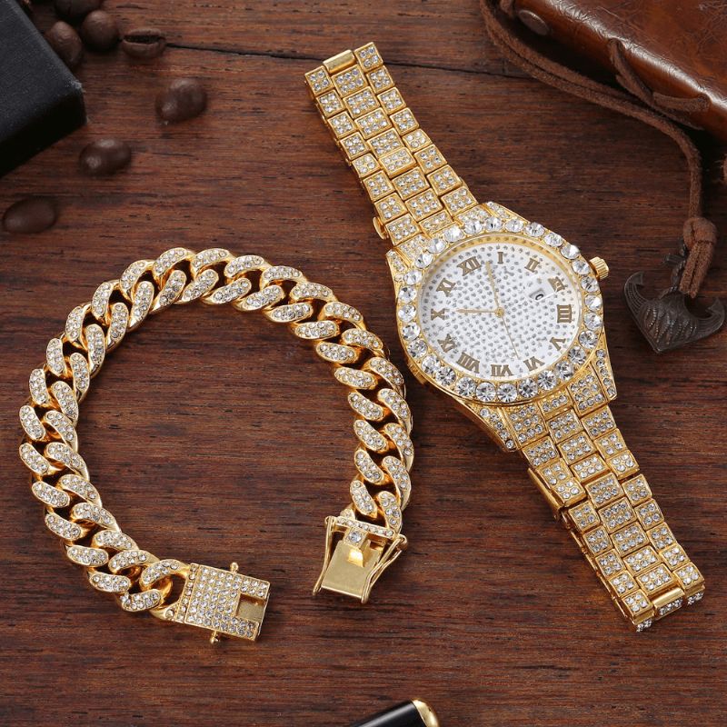 Legering Hip Hop Luksus 2 Stk Hip-Hop Chain Fuld Diamond Watch Armbånd Lady Quartz ur