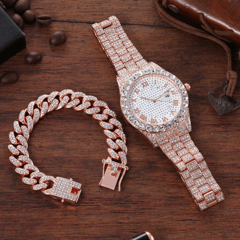 Legering Hip Hop Luksus 2 Stk Hip-Hop Chain Fuld Diamond Watch Armbånd Lady Quartz ur