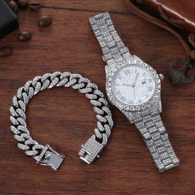 Legering Hip Hop Luksus 2 Stk Hip-Hop Chain Fuld Diamond Watch Armbånd Lady Quartz ur