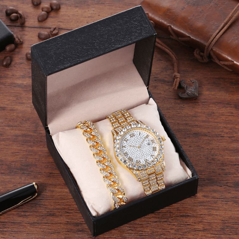 Legering Hip Hop Luksus 2 Stk Hip-Hop Chain Fuld Diamond Watch Armbånd Lady Quartz ur