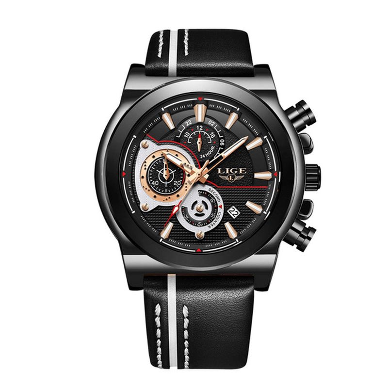 Lige Lg8901 Casual Sport Dato Display Herre Armbåndsur Lysende Display Læderbånd Quartz ur