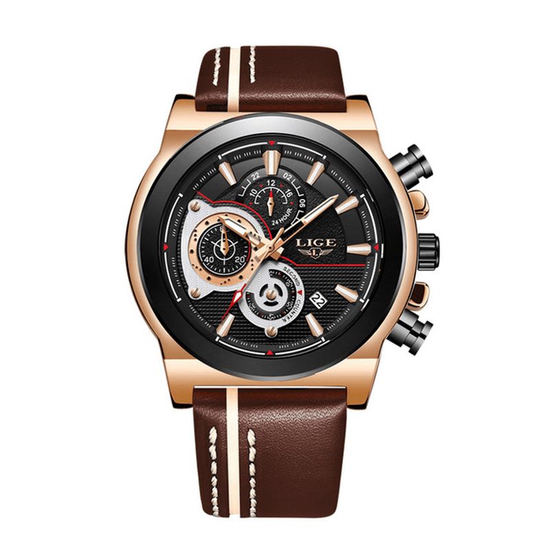 Lige Lg8901 Casual Sport Dato Display Herre Armbåndsur Lysende Display Læderbånd Quartz ur