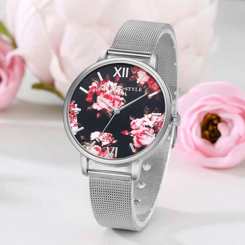 Lvpai Mesh Stålbånd Casual Style Damearmbåndsur Flower Elegant Design Quartz ur