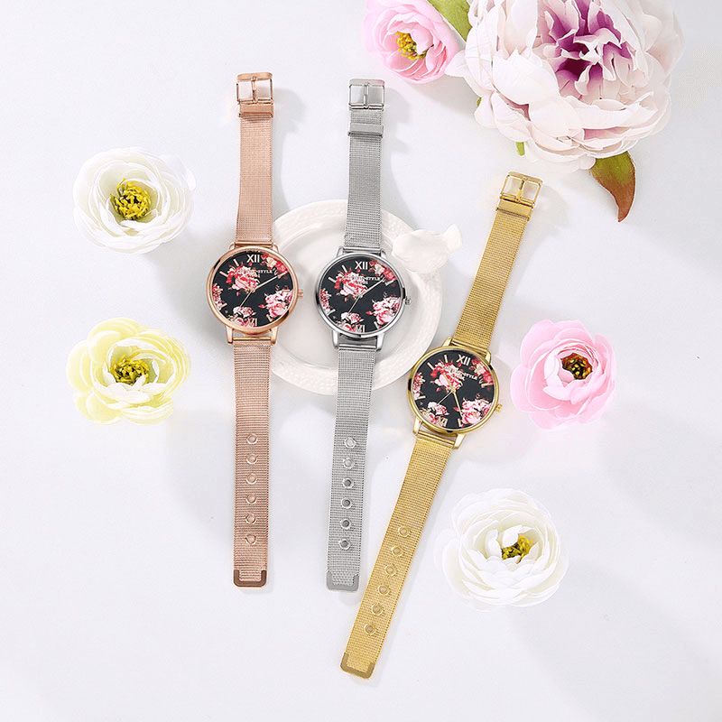 Lvpai Mesh Stålbånd Casual Style Damearmbåndsur Flower Elegant Design Quartz ur