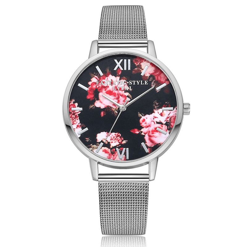 Lvpai Mesh Stålbånd Casual Style Damearmbåndsur Flower Elegant Design Quartz ur