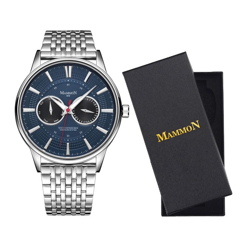 Mammon M038 Business Large Dial Luminous Pointer Week Calendar Display Steel Band 3Atm Vandtæt Herre Quartz ur