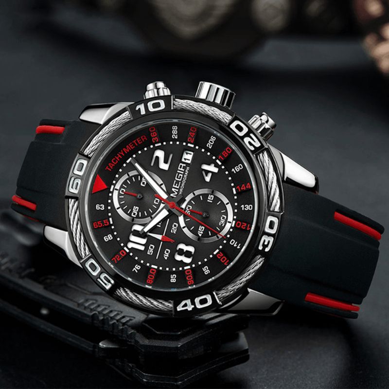 Megir 2045G Chronograph Date Display Quartz Ure Silikonerem Herrearmbåndsur