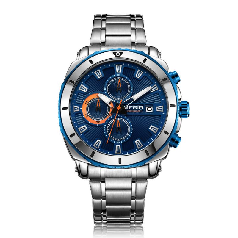 Megir 2075 Business Style Chronograph Lysende Dato Display Armbånd Lås Stål Herre Kvartsur