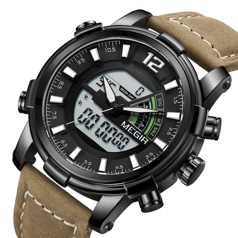 Megir 2089 Military Sports Style Led Chronograph Lysende Dual Display Digital Watch Læder Armbåndsur Til Mænd