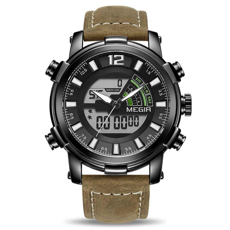 Megir 2089 Military Sports Style Led Chronograph Lysende Dual Display Digital Watch Læder Armbåndsur Til Mænd