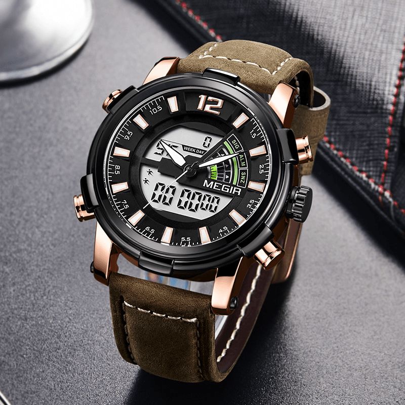 Megir 2089 Military Sports Style Led Chronograph Lysende Dual Display Digital Watch Læder Armbåndsur Til Mænd