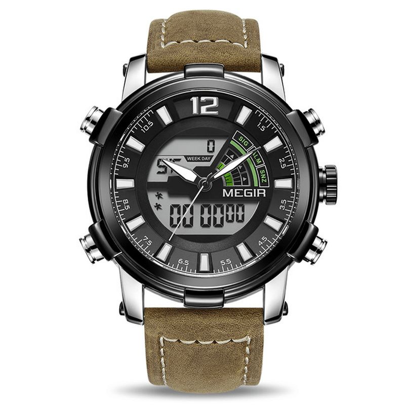 Megir 2089 Military Sports Style Led Chronograph Lysende Dual Display Digital Watch Læder Armbåndsur Til Mænd