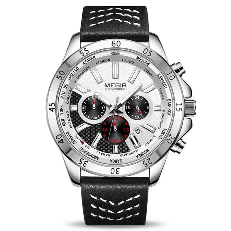 Megir 2103 Military Chronograph Calendar Luminous Herrearmbåndsur Læderrem Quartz ur