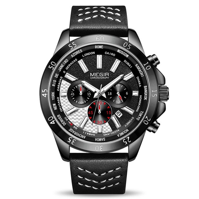 Megir 2103 Military Chronograph Calendar Luminous Herrearmbåndsur Læderrem Quartz ur