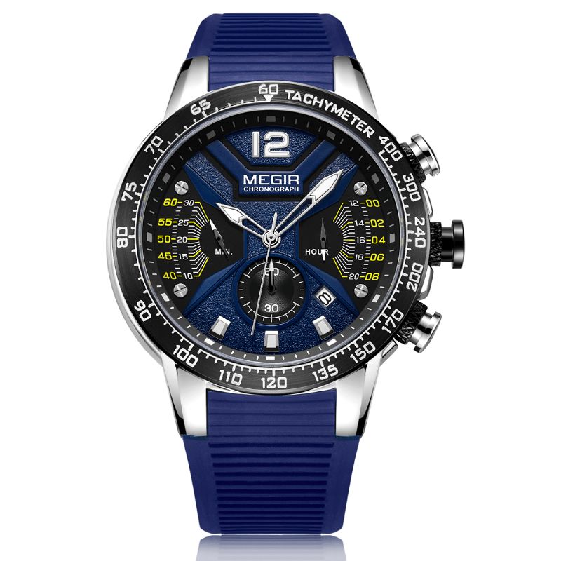 Megir 2106 Luminous Dial Calendar Chronograph Silicone Strap Herre Vandtæt Sports Quartz ur