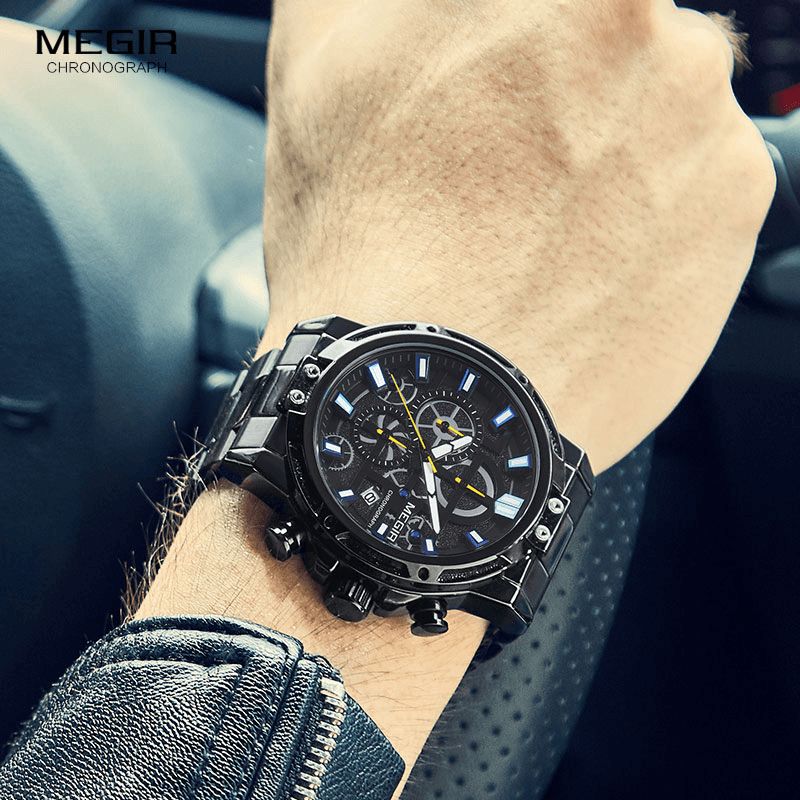 Megir 2108 Luxury Big Dial Chronograph Business Style Rustfrit Stål Herreur Quartz ur