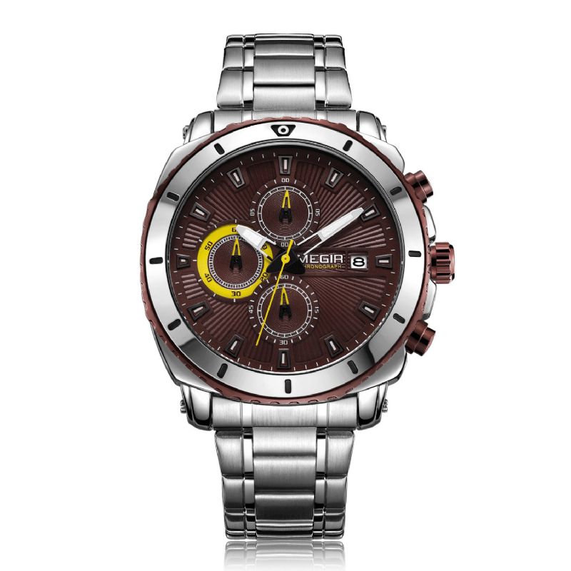 Megir Ms2075G Business Multi-Functional Calendar Chronograph Lysende Mænd Vandtæt Rustfrit Stål Rem Quartz ur