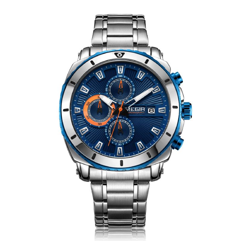 Megir Ms2075G Business Multi-Functional Calendar Chronograph Lysende Mænd Vandtæt Rustfrit Stål Rem Quartz ur