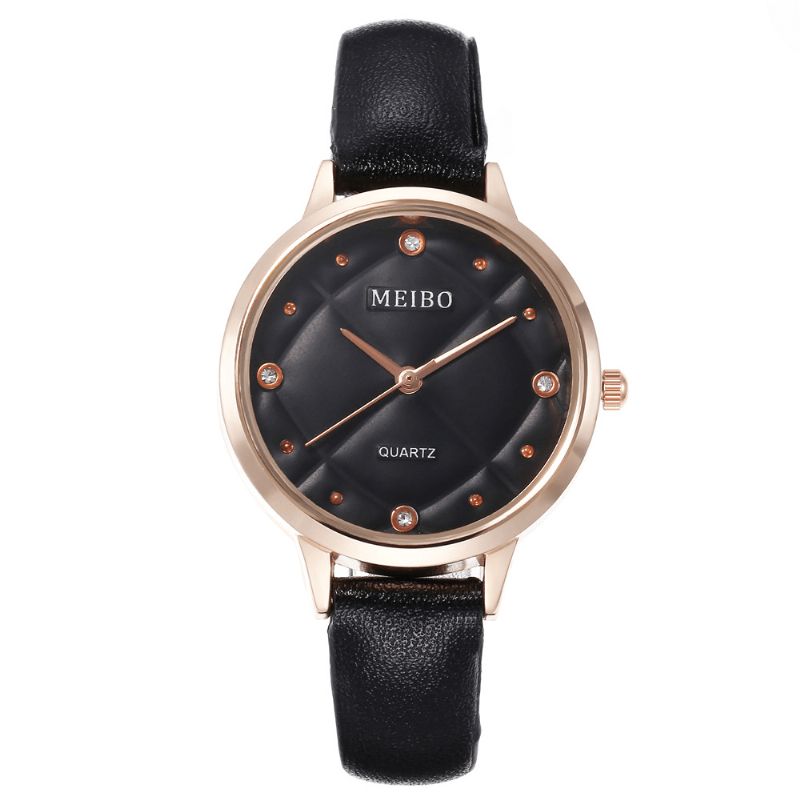 Meibo Casual Style Dame Armbåndsur Læderbånd Krystal Quartz Ure