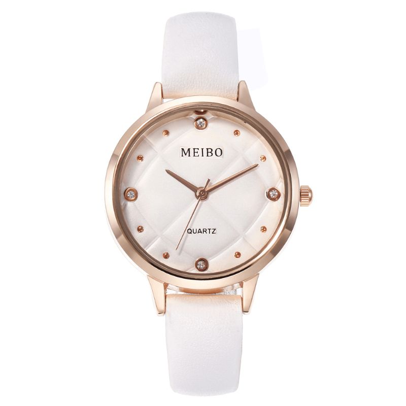 Meibo Casual Style Dame Armbåndsur Læderbånd Krystal Quartz Ure