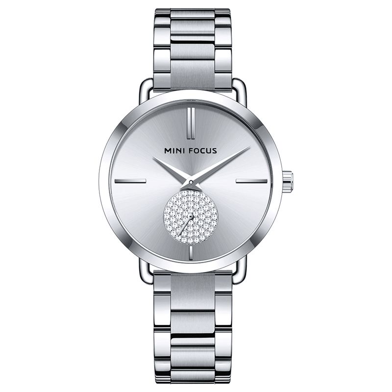 Mini Focus 0222L Casual Style Crystal Little Dial Dame Armbåndsur Vandtæt Fuldt Steel Quartz ur