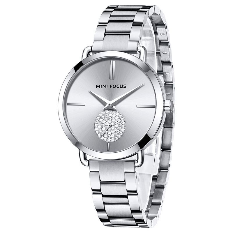 Mini Focus 0222L Casual Style Crystal Little Dial Dame Armbåndsur Vandtæt Fuldt Steel Quartz ur