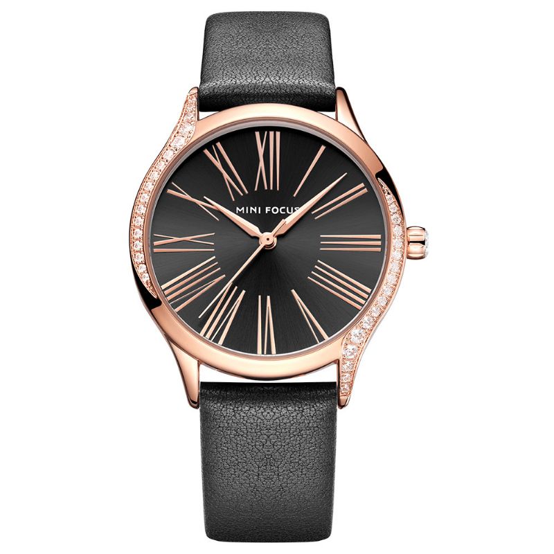 Mini Focus 0259L Casual Style Shining Dame Armbåndsur Kvartsur I Ægte Læderrem