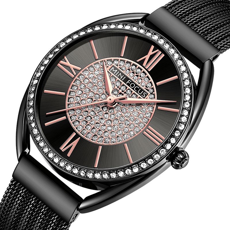 Mini Focus 0425L Casual Elegant Rhinestones Decoration Dial 3Atm Vandtæt Dame Armbåndsur Quartz ur