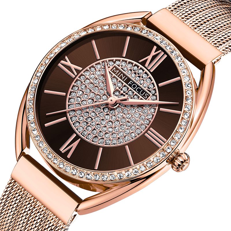 Mini Focus 0425L Casual Elegant Rhinestones Decoration Dial 3Atm Vandtæt Dame Armbåndsur Quartz ur