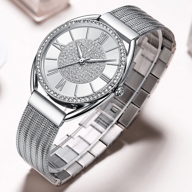 Mini Focus 0425L Casual Elegant Rhinestones Decoration Dial 3Atm Vandtæt Dame Armbåndsur Quartz ur