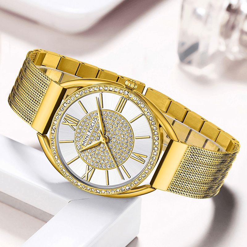 Mini Focus 0425L Casual Elegant Rhinestones Decoration Dial 3Atm Vandtæt Dame Armbåndsur Quartz ur