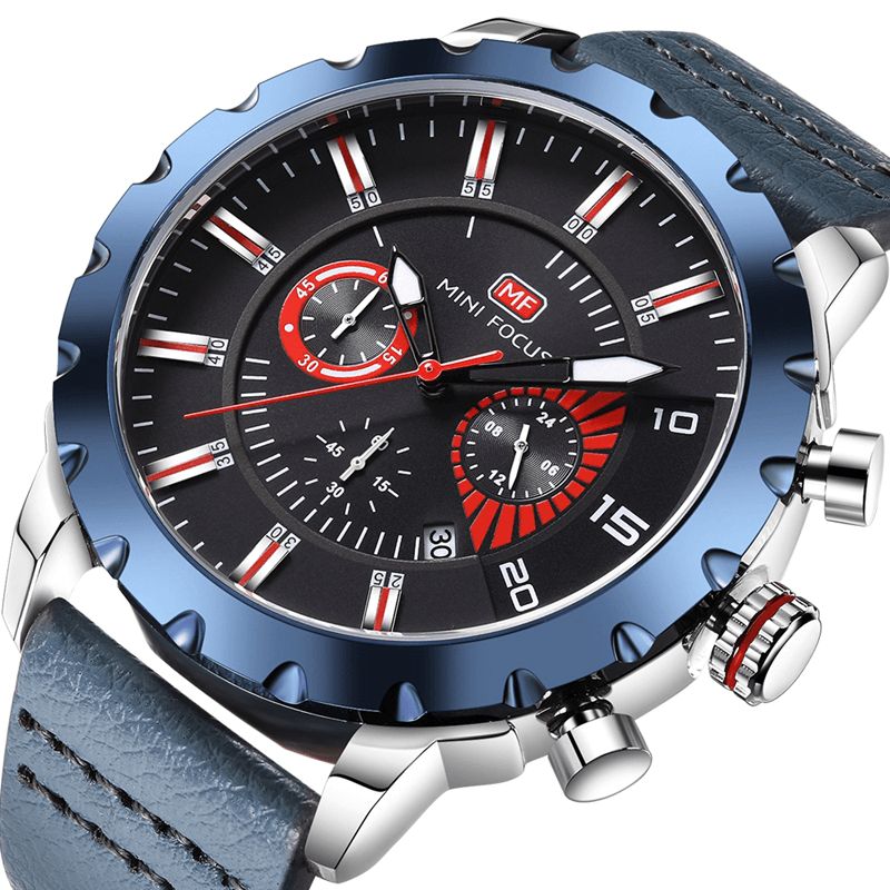 Mini Focus Mf0079G Multifunktionsarmbåndsur Til Mænd Chronograph Læderbånd Quartz ur