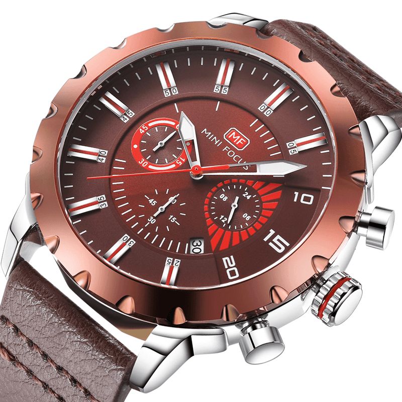 Mini Focus Mf0079G Multifunktionsarmbåndsur Til Mænd Chronograph Læderbånd Quartz ur