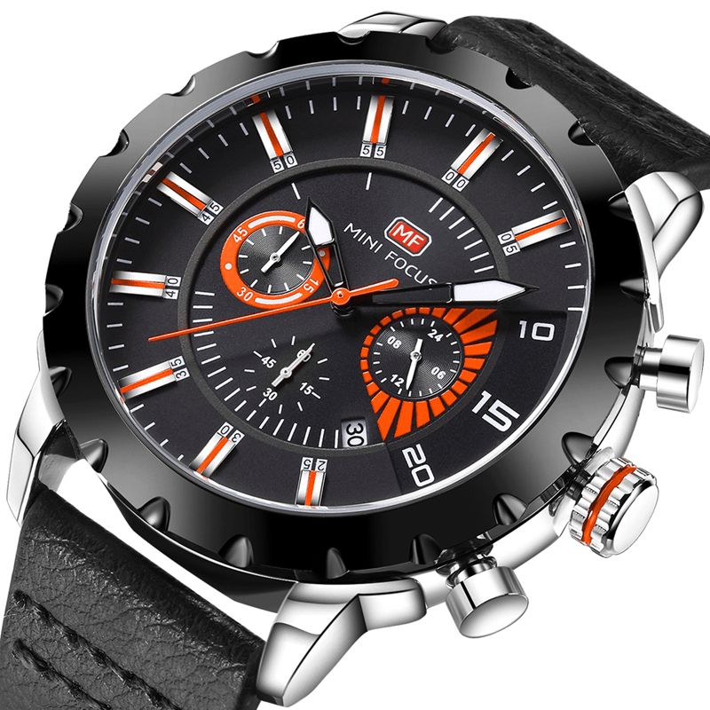 Mini Focus Mf0079G Multifunktionsarmbåndsur Til Mænd Chronograph Læderbånd Quartz ur