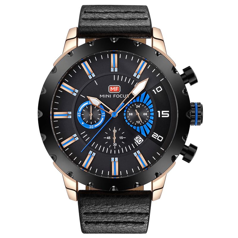 Mini Focus Mf0079G Multifunktionsarmbåndsur Til Mænd Chronograph Læderbånd Quartz ur