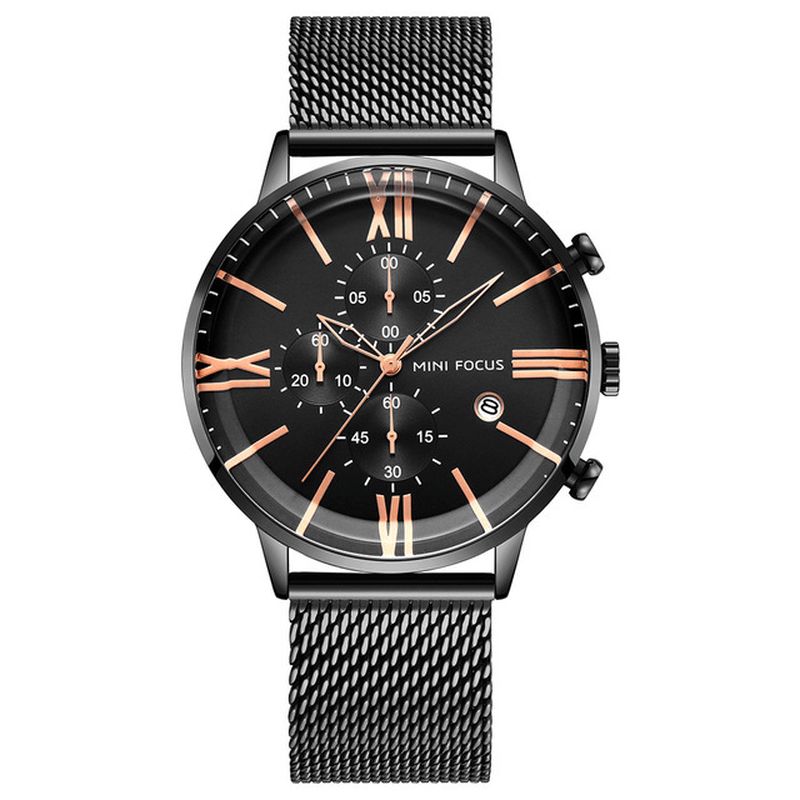 Mini Focus Mf0236G Business Chronograph Kalender Mesh Steel Quartz ur Herrearmbåndsur